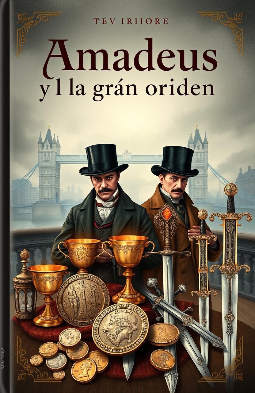 An intriguing book cover illustration featuring Victorian London researchers from the year 1870, depicted in period-appropriate attire with long coats and top hats