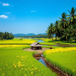 A serene traditional Bangladeshi landscape, featuring lush green rice fields with vibrant yellow mustard flowers in bloom under a clear blue sky