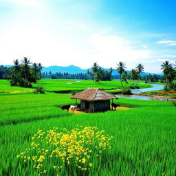 A serene traditional Bangladeshi landscape, featuring lush green rice fields with vibrant yellow mustard flowers in bloom under a clear blue sky