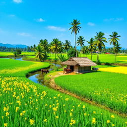 A serene traditional Bangladeshi landscape, featuring lush green rice fields with vibrant yellow mustard flowers in bloom under a clear blue sky