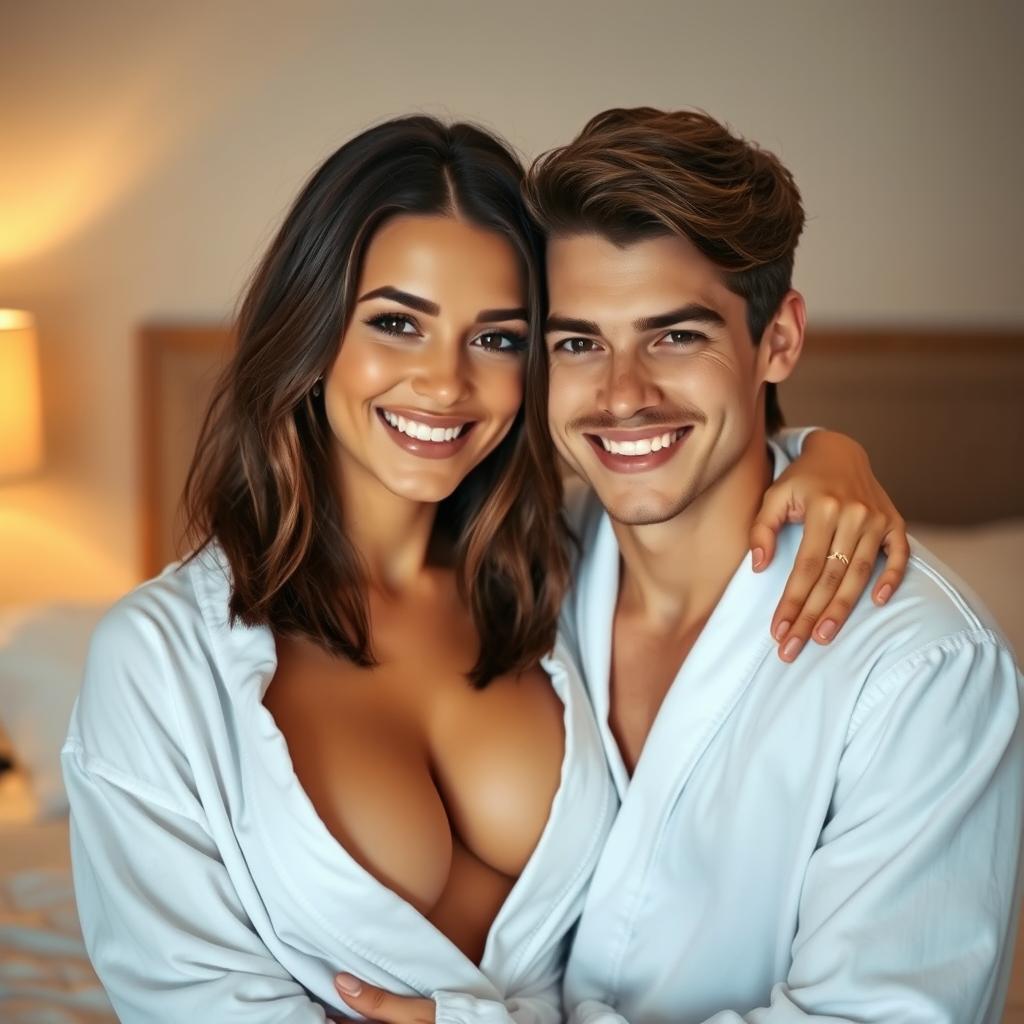In a cozy bedroom, a young man is embracing a beautiful 33-year-old brunette woman with shoulder-length brown hair