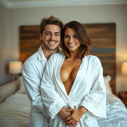 In a cozy bedroom, a young man is embracing a beautiful 33-year-old brunette woman with shoulder-length brown hair