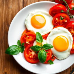 A beautifully prepared dish featuring eggs cooked to perfection, surrounded by vibrant, ripe tomatoes