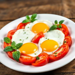 A beautifully prepared dish featuring eggs cooked to perfection, surrounded by vibrant, ripe tomatoes
