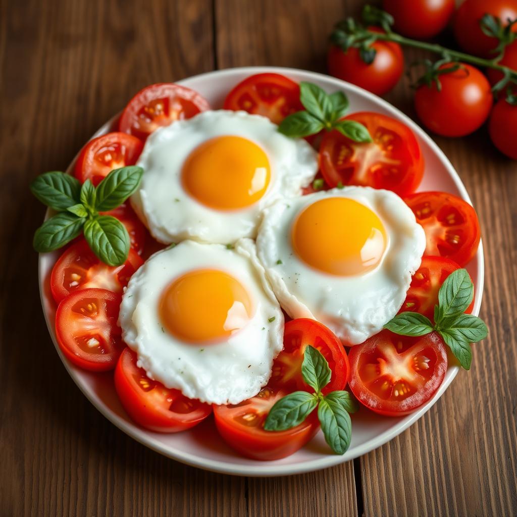 A beautifully prepared dish featuring eggs cooked to perfection, surrounded by vibrant, ripe tomatoes