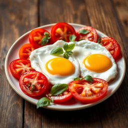A beautifully prepared dish featuring eggs cooked to perfection, surrounded by vibrant, ripe tomatoes