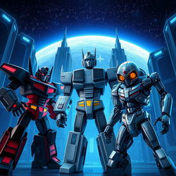 A futuristic scene set against the metallic planet Cybertron, featuring towering buildings illuminated with deep blue lighting and a twinkling starry sky above