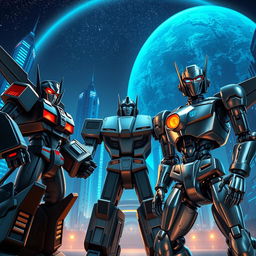 A futuristic scene set against the metallic planet Cybertron, featuring towering buildings illuminated with deep blue lighting and a twinkling starry sky above
