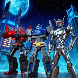 A futuristic scene set against the metallic planet Cybertron, featuring towering buildings illuminated with deep blue lighting and a twinkling starry sky above