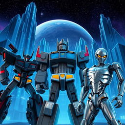 A futuristic scene set against the metallic planet Cybertron, featuring towering buildings illuminated with deep blue lighting and a twinkling starry sky above