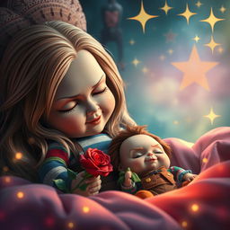 Una escena imaginativa y caprichosa que presenta a la Bella Durmiente, con su cabello largo y sedoso, durmiendo plácidamente, rodeada de un ambiente de cuento de hadas