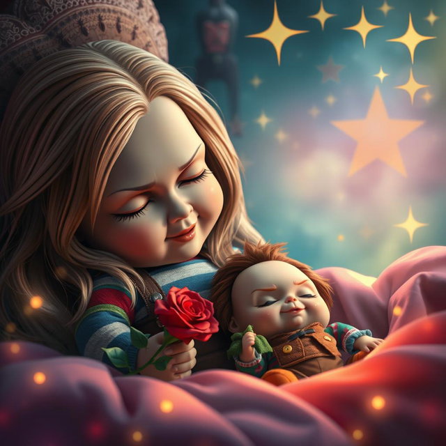 Una escena imaginativa y caprichosa que presenta a la Bella Durmiente, con su cabello largo y sedoso, durmiendo plácidamente, rodeada de un ambiente de cuento de hadas