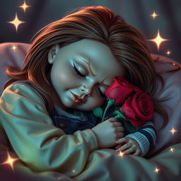 Una escena imaginativa y caprichosa que presenta a la Bella Durmiente, con su cabello largo y sedoso, durmiendo plácidamente, rodeada de un ambiente de cuento de hadas