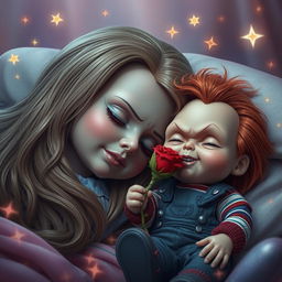 Una escena imaginativa y caprichosa que presenta a la Bella Durmiente, con su cabello largo y sedoso, durmiendo plácidamente, rodeada de un ambiente de cuento de hadas