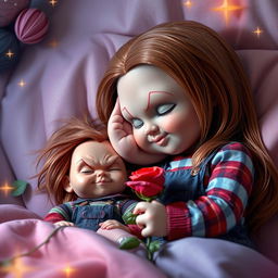 Una escena imaginativa y caprichosa que presenta a la Bella Durmiente, con su cabello largo y sedoso, durmiendo plácidamente, rodeada de un ambiente de cuento de hadas