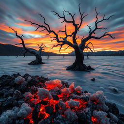 A surreal and emotionally charged landscape depicting a burned and frozen desert simultaneously, featuring contrasting elements of scorched earth and icy surfaces