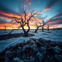 A surreal and emotionally charged landscape depicting a burned and frozen desert simultaneously, featuring contrasting elements of scorched earth and icy surfaces