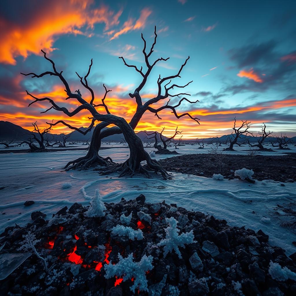 A surreal and emotionally charged landscape depicting a burned and frozen desert simultaneously, featuring contrasting elements of scorched earth and icy surfaces