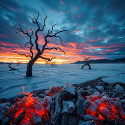 A surreal and emotionally charged landscape depicting a burned and frozen desert simultaneously, featuring contrasting elements of scorched earth and icy surfaces