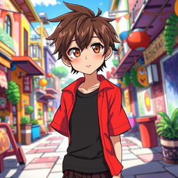 An anime boy with stylish brown hair and captivating brown eyes, wearing a fitted black T-shirt underneath a vibrant red short-sleeved shirt