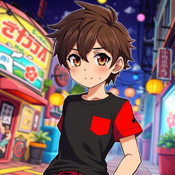 An anime boy with stylish brown hair and captivating brown eyes, wearing a fitted black T-shirt underneath a vibrant red short-sleeved shirt