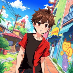 An anime boy with stylish brown hair and captivating brown eyes, wearing a fitted black T-shirt underneath a vibrant red short-sleeved shirt