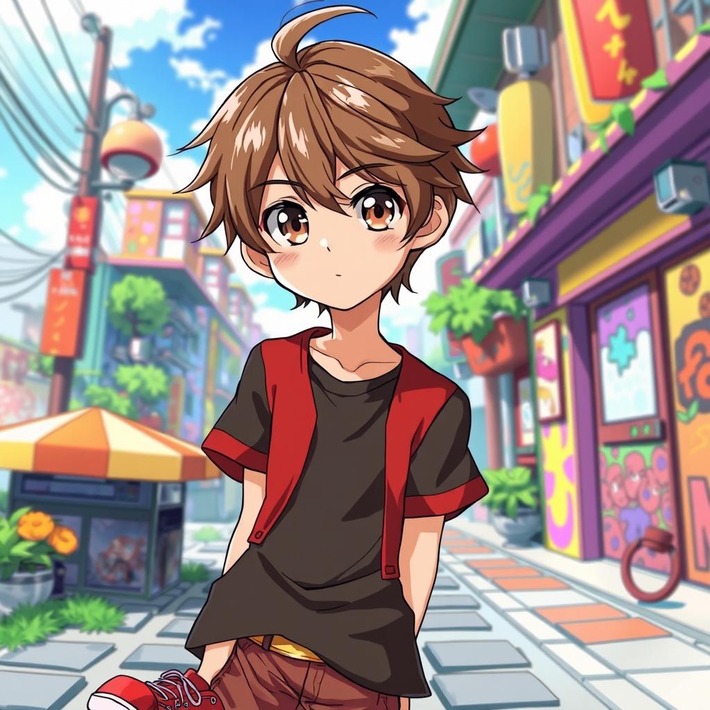 An anime boy with stylish brown hair and captivating brown eyes, wearing a fitted black T-shirt underneath a vibrant red short-sleeved shirt