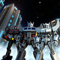 A stunning scene set against the backdrop of the planet Cybertron featuring a metallic ambiance