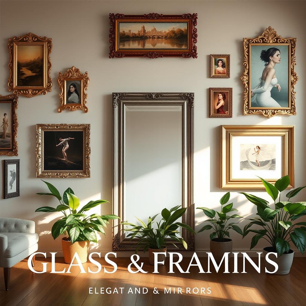 A visually striking advertisement featuring elegant glass frames and mirrors