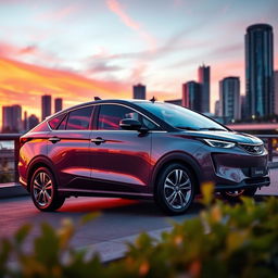 A beautiful, sleek, and modern Mobil Inova car parked in an urban setting at sunset