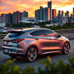 A beautiful, sleek, and modern Mobil Inova car parked in an urban setting at sunset