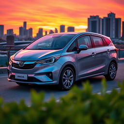 A beautiful, sleek, and modern Mobil Inova car parked in an urban setting at sunset