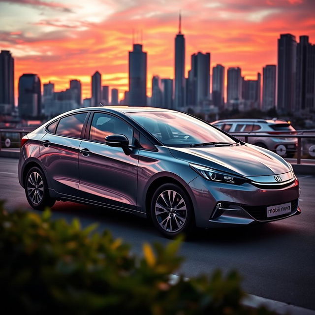 A beautiful, sleek, and modern Mobil Inova car parked in an urban setting at sunset