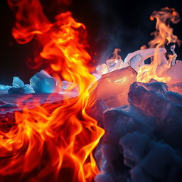 A captivating scene depicting a striking juxtaposition between fire and ice, symbolizing the intense emotions of burning passion contrasted with a cold, frozen landscape