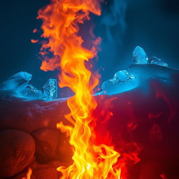 A captivating scene depicting a striking juxtaposition between fire and ice, symbolizing the intense emotions of burning passion contrasted with a cold, frozen landscape