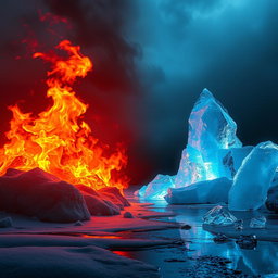 A captivating scene depicting a striking juxtaposition between fire and ice, symbolizing the intense emotions of burning passion contrasted with a cold, frozen landscape