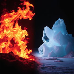 A captivating scene depicting a striking juxtaposition between fire and ice, symbolizing the intense emotions of burning passion contrasted with a cold, frozen landscape