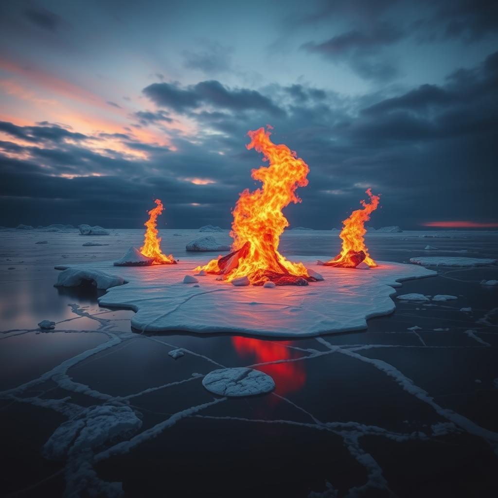 A surreal landscape depicting a frozen expanse of water with icebergs, juxtaposed against a backdrop of vibrant flames rising majestically from the icy surface