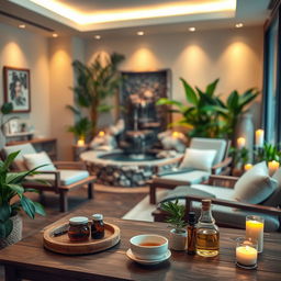 A serene and inviting spa interior featuring a tranquil relaxation area with soft lighting, comfortable lounge chairs, and lush green plants