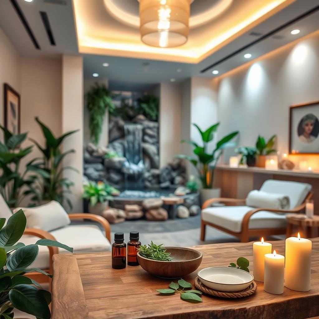 A serene and inviting spa interior featuring a tranquil relaxation area with soft lighting, comfortable lounge chairs, and lush green plants