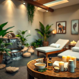 A serene and inviting spa interior featuring a tranquil relaxation area with soft lighting, comfortable lounge chairs, and lush green plants