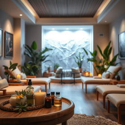 A serene and inviting spa interior featuring a tranquil relaxation area with soft lighting, comfortable lounge chairs, and lush green plants