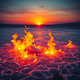 A surreal landscape featuring a frozen lake surrounded by vibrant flames