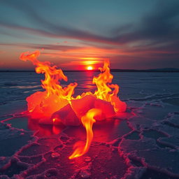 A surreal landscape featuring a frozen lake surrounded by vibrant flames