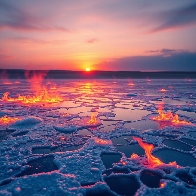 A surreal landscape featuring a frozen lake surrounded by vibrant flames