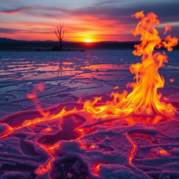 A surreal landscape featuring a frozen lake surrounded by vibrant flames