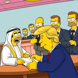 A whimsical scene featuring a cartoonish portrayal of the Dubai ruler and Donald Trump in Simpson-like appearances, joyfully signing a contract