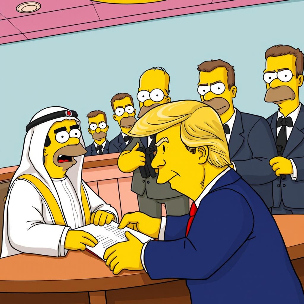A whimsical scene featuring a cartoonish portrayal of the Dubai ruler and Donald Trump in Simpson-like appearances, joyfully signing a contract