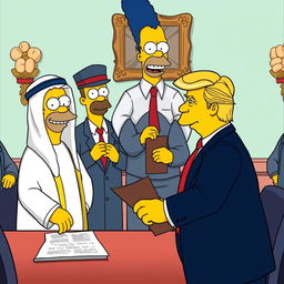 A whimsical scene featuring a cartoonish portrayal of the Dubai ruler and Donald Trump in Simpson-like appearances, joyfully signing a contract