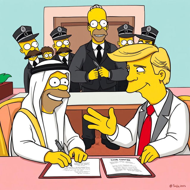 A whimsical scene featuring a cartoonish portrayal of the Dubai ruler and Donald Trump in Simpson-like appearances, joyfully signing a contract